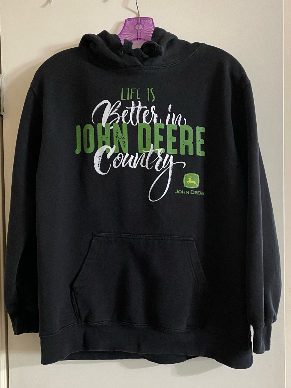 John Deere Black Hoodie with Green and White Graphic